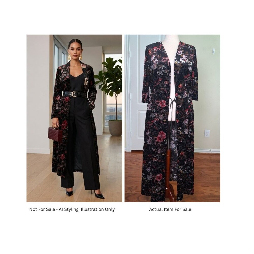 Women Crushed Velvet Burnout Long Duster Kimono XL Black Floral Goth Romantic